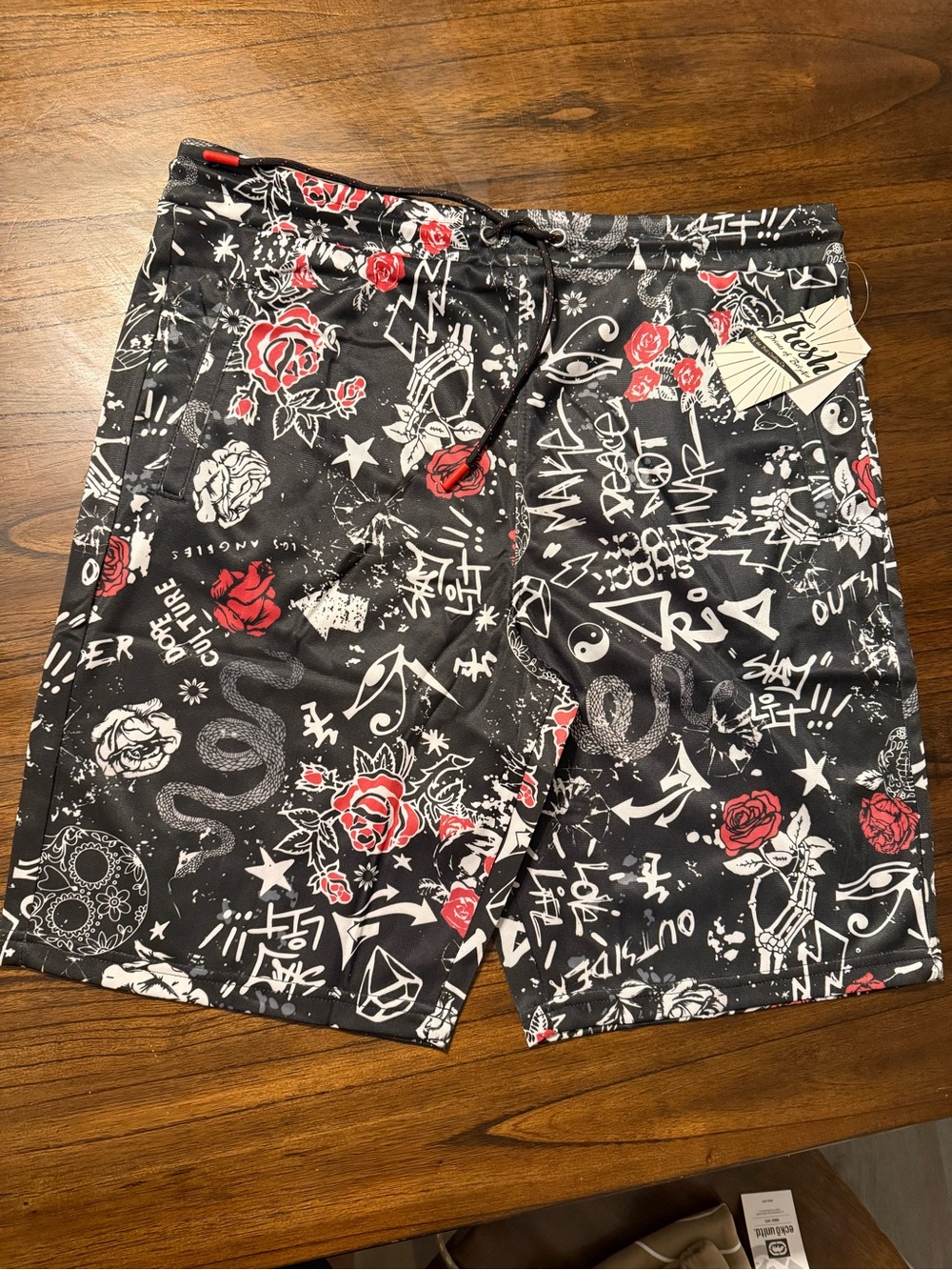 Graphic Rose Print shorts- Black & Red